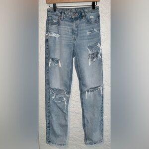 Distressed Light Blue Mom Straight Jeans